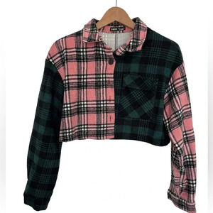 SHEIN Pink and Black Plaid Cropped Jacket
